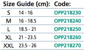 OPPO 2182 wrist splint sizing chart showing wrist circumference measurement