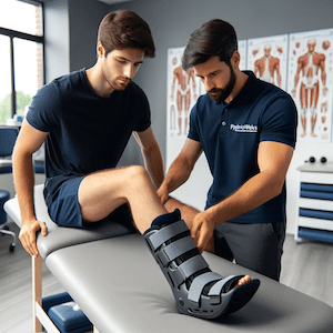 physioworks-online-shop Patient receiving a moon boot fitting for an ankle injury at PhysioWorks clinic