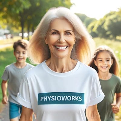knee-replacement-physiotherapy Joyful 60-year-old woman wearing a PhysioWorks shirt, walking in a park with her grandkids, refreshed and active after knee replacement.