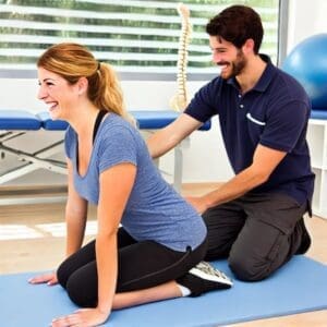 Back pain prevention exercises supervised by a physiotherapist on an exercise mat