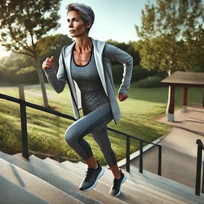 healthy-ageing-exercise A fit woman in her 50s with short grey hair runs up a set of park stairs, symbolizing healthy ageing and commitment to fitness.