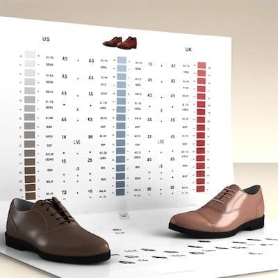 shoe-size-conversion Shoe size conversion chart for men and women showing US, UK, Australian and European sizes with stylish shoes at the top corners.