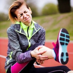female-runner-calf-muscle-cramps-exercise Runner gripping calf during muscle cramps treatment discussion