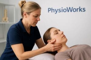 TMJ dizziness assessment with jaw and neck check by physiotherapist