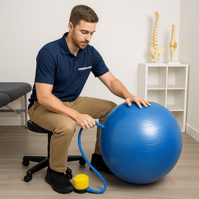 Physiotherapist inflating an exercise ball with a foot pump in clinic