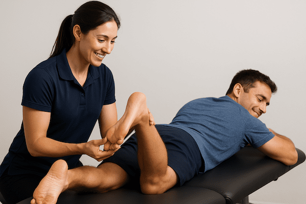 physiotherapist-assessing-achilles-enthesopathy Female physiotherapist in a navy polo assessing a patient’s Achilles tendon while the patient lies on their stomach and smiles during treatment.