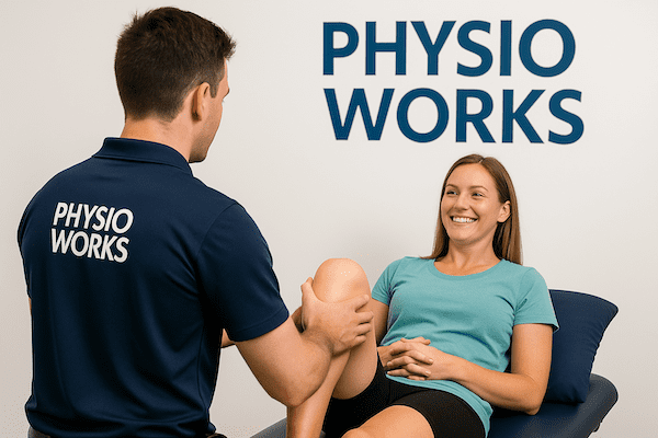 Clayfield physiotherapy knee assessment with smiling patient and physio in clinic room.