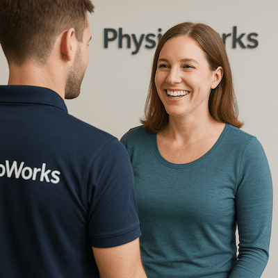 Smiling patient chatting with physiotherapist after Costochondritis pain relief at PhysioWorks