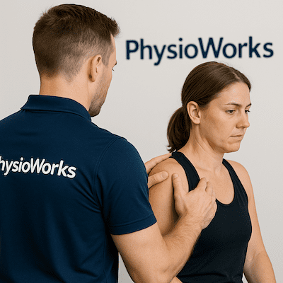 PhysioWorks physio assessing shoulder movement for rotator cuff tear with hands on shoulder