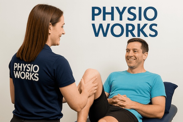 Sandgate physiotherapist assessing patient’s knee during treatment at Sandgate PhysioWorks clinic
