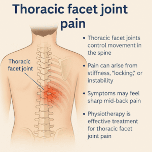 Thoracic facet joint pain infographic showing mid-back referral pattern