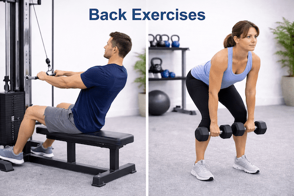 back-exercises-strengthening-gym-physiotherapy Man and woman performing back strengthening exercises in a gym