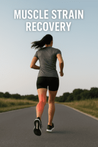 Female runner with red zone on calf showing muscle strain recovery discomfort