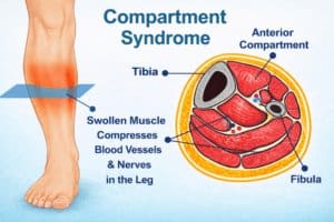Compartment syndrome diagram showing swollen shin muscles compressing nerves