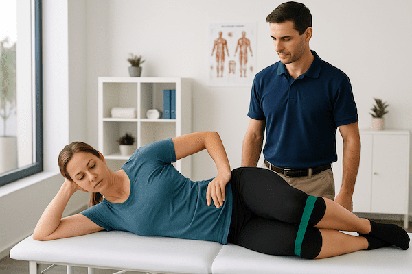 Patient performing side-lying deep hip rotator strengthening exercise with physiotherapist supervision