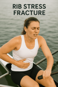 female rower holding ribs in pain from suspected rib stress fracture