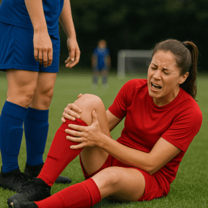Footballer holding knee with ACL tear symptoms on field.