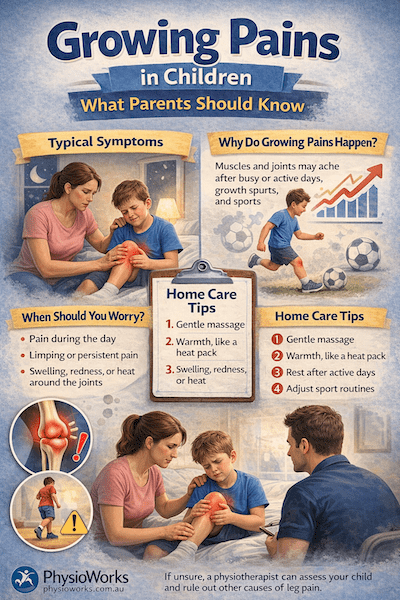 Growing pains in children infographic explaining symptoms and when to worry