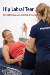 Hip labral tear physiotherapy assessment with patient on treatment table