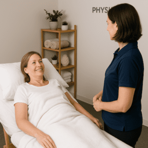 Lymphatic drainage massage Brisbane consultation with therapist and patient discussing swelling care