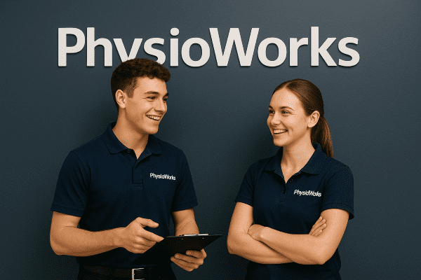 Two young physiotherapists in navy polos standing in front of a PhysioWorks sign discussing a patient case.