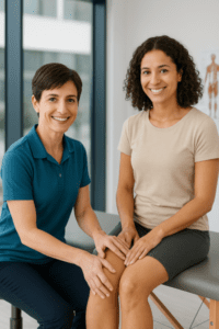 Physiotherapist assessing a smiling patient’s knee during a clinic appointment