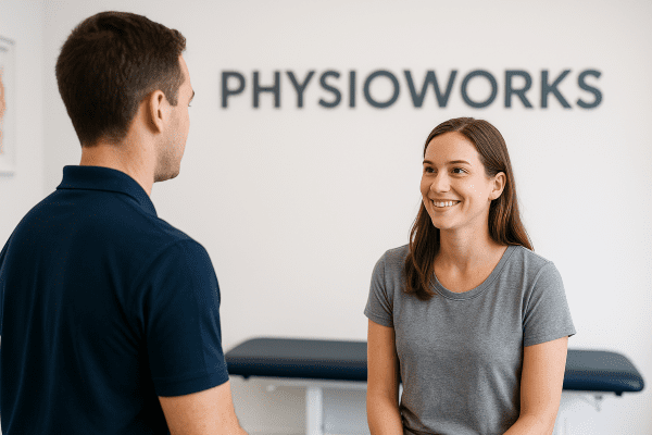 physioworks-careers-physiotherapist-consultation-brisbane PhysioWorks physiotherapist talking with a smiling patient during a consultation in a Brisbane clinic.