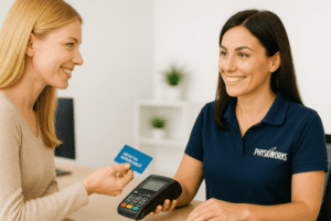Blonde patient and brunette receptionist processing a private health insurance physiotherapy HICAPS claim
