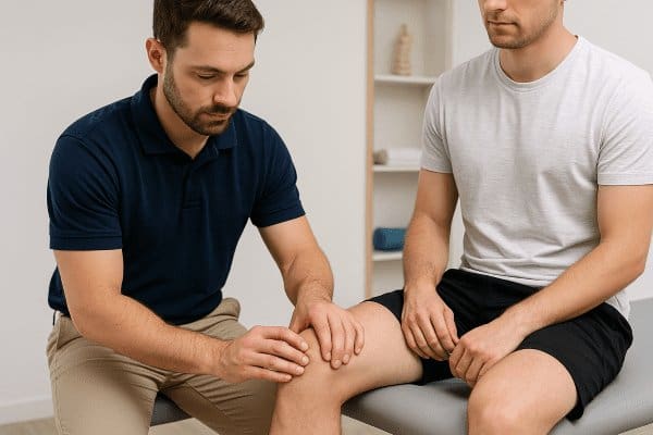 physiotherapist assessing prepatellar knee bursitis symptoms during knee examination physiotherapist assessing prepatellar knee bursitis symptoms during knee examination