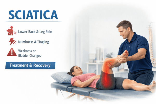 sciatica-treatment-physiotherapy-assessment Sciatica treatment with physiotherapist assessing leg pain and nerve symptoms