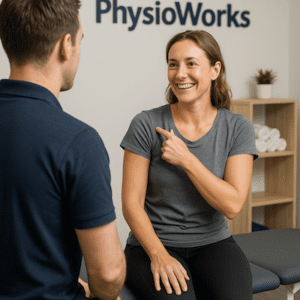 Shoulder Bursitis Treatment at PhysioWorks Woman pointing to shoulder for bursitis treatment in a PhysioWorks clinic