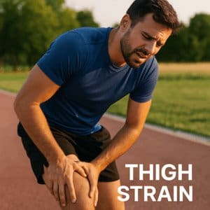 thigh-strain-runner-injury runner holding thigh due to thigh strain on running track
