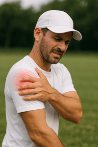 Athlete holding his shoulder with visible pain, highlighting the typical location of a torn rotator cuff.