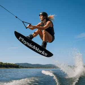 wakeboarding injuries female athlete jumping with PhysioWorks board