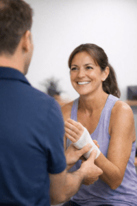 Smiling brunette patient with wrist tendinopathy chatting to physiotherapist