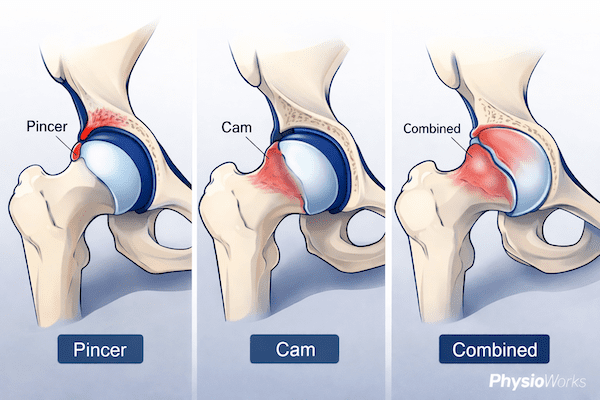 Femoroacetabular impingement (FAIS) diagram showing cam, pincer and combined hip impingement