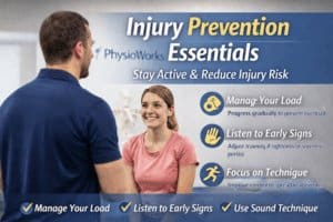 Physiotherapist explaining injury prevention essentials during movement assessment