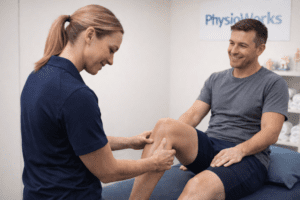 LCL injury physiotherapy assessment of the outer knee in a Brisbane clinic
