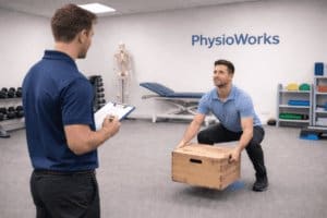 Pre-employment functional assessment Brisbane: safe box lift assessment in clinic