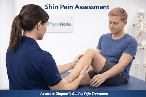 shin-pain-physiotherapy-assessment-female-physio Shin pain assessment by physiotherapist examining lower leg in clinic