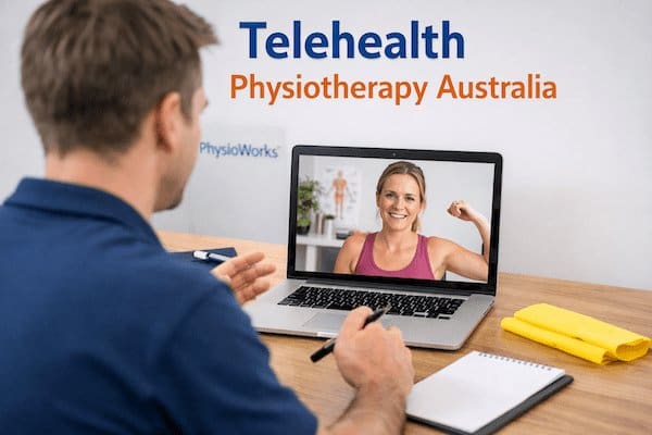 telehealth physiotherapy australia video consult with physio guiding shoulder exercise