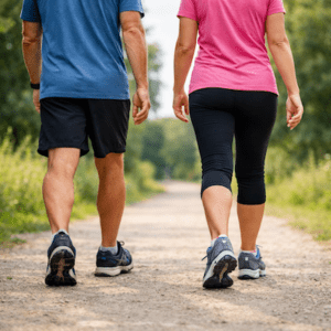 Recreational walking outdoors, walking injuries commonly affect feet knees and hips