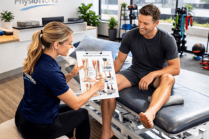 Achilles rupture physiotherapy assessment explaining tendon rehab plan
