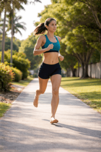 Barefoot running with midfoot strike on concrete path showing calf and forefoot loading