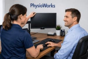 Ergonomic workstation assessment adjusting monitor height for office worker