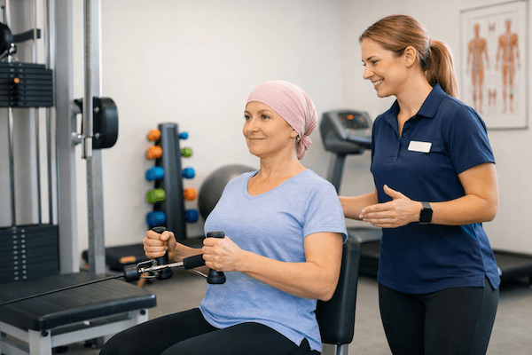 Exercise physiologist supervising safe strength training for a person during cancer treatment