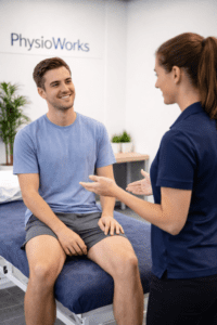 HARM protocol physiotherapist advising male patient after acute injury