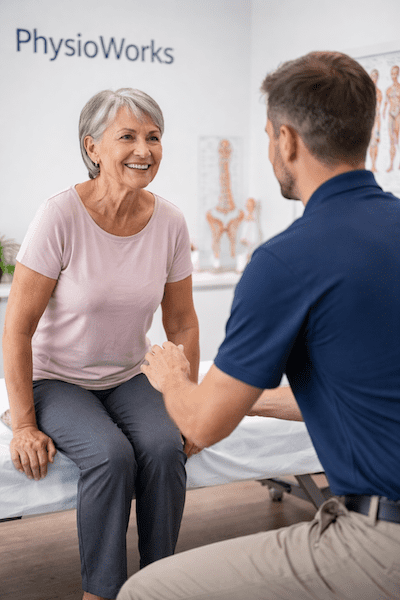 Hip arthritis physiotherapy Brisbane consult with physio guiding older woman sit-to-stand