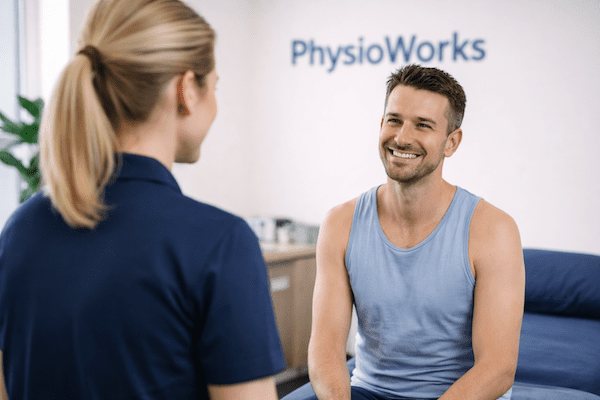 Injury Management Physiotherapy Consultation Injury management physiotherapy consultation reviewing shoulder rehabilitation plan