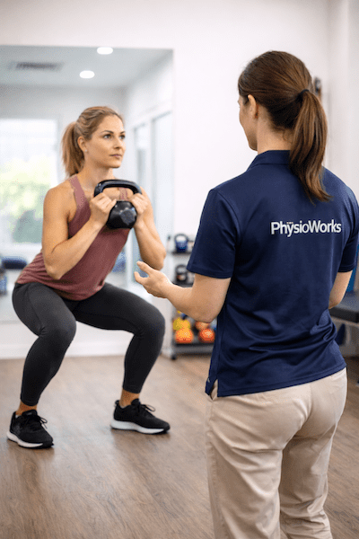 Listening to Your Body for Safe Exercise – Physiotherapist Coaching Squat Physiotherapist coaching goblet squat to support safe exercise and body awareness